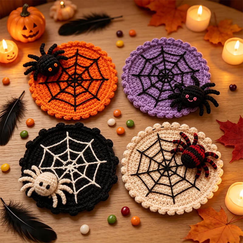 Crochet Spider Web Coaster Set with 3D Spider