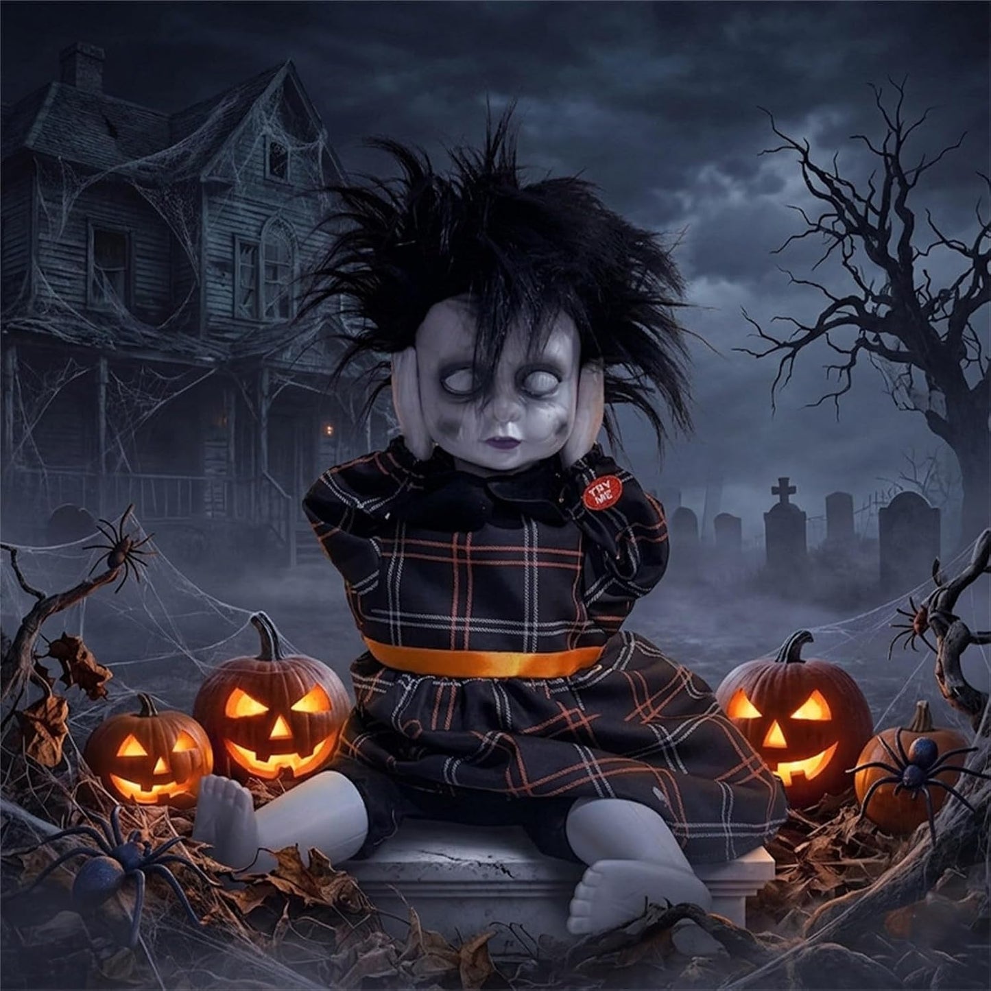 Electric Head-Lifting Horror Doll Halloween Prop with Light and Sound