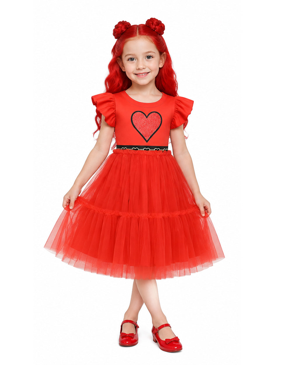 Girls' Red Heart-Print Princess Dress