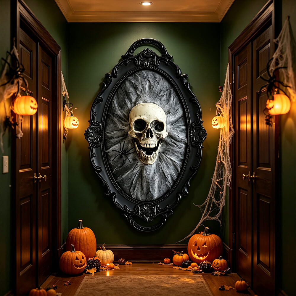 3D Retro Horror Frame with Skull and Spider Wall Decor
