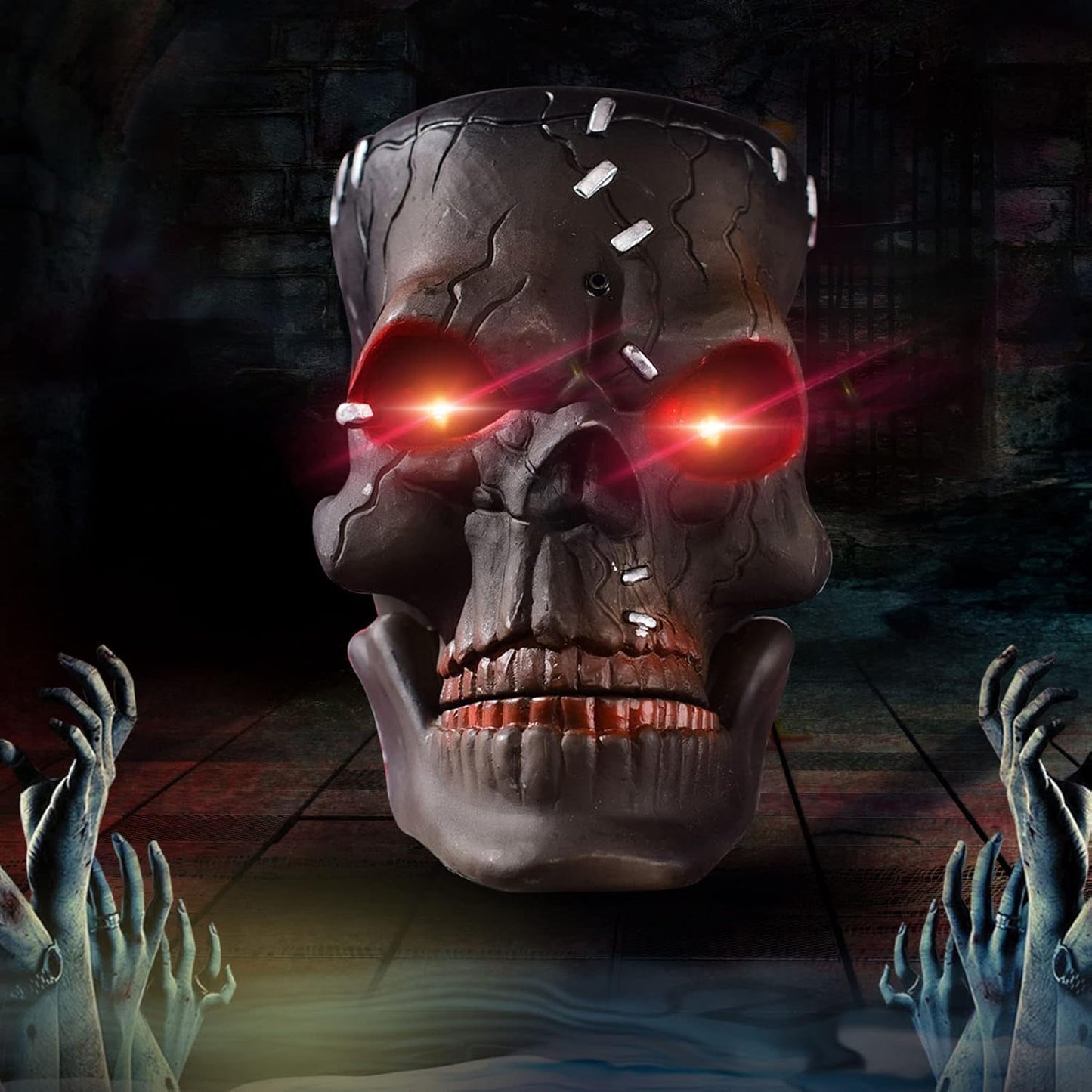 Hanging Skull Halloween Prop with Red Eyes and Sound