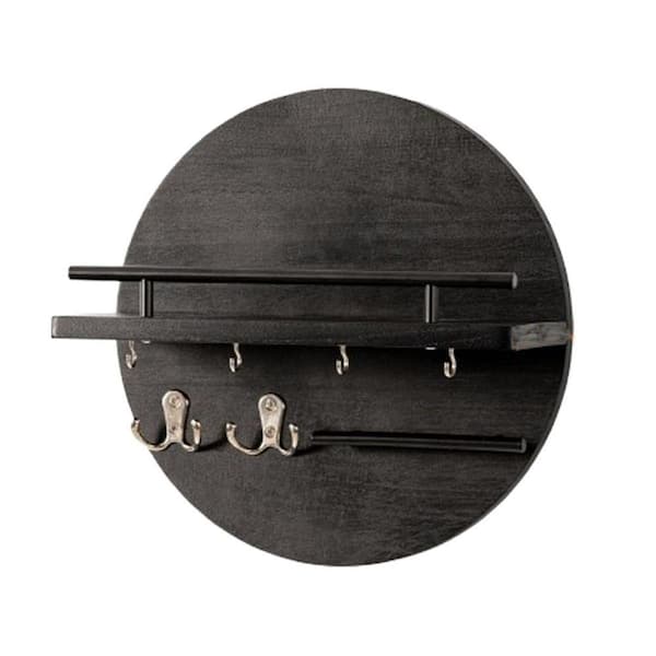 Round Black Wood Wall Organizer with Key Hooks