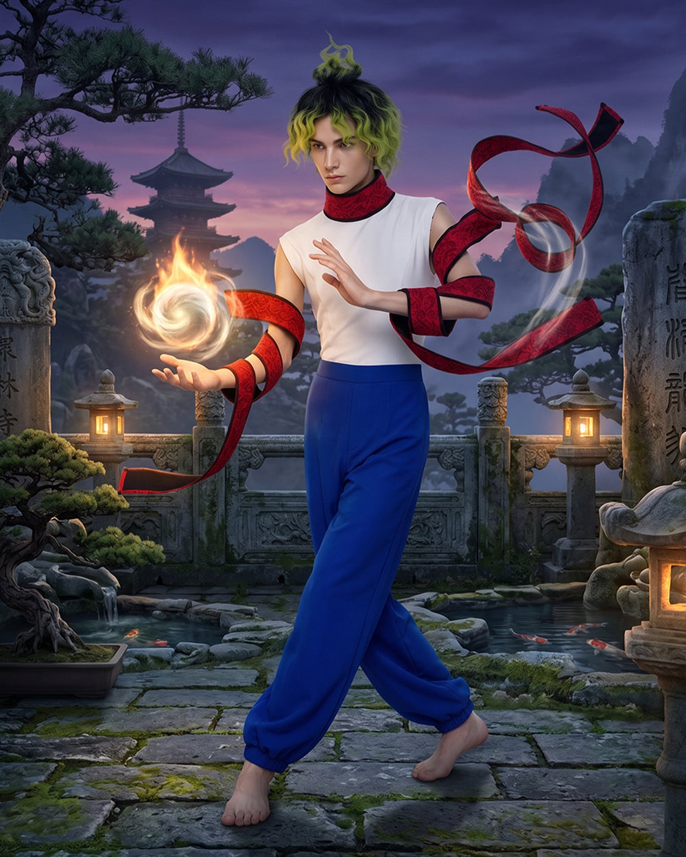 Adult Fantasy Fighter Costume Set with Blue Pants and Accessories