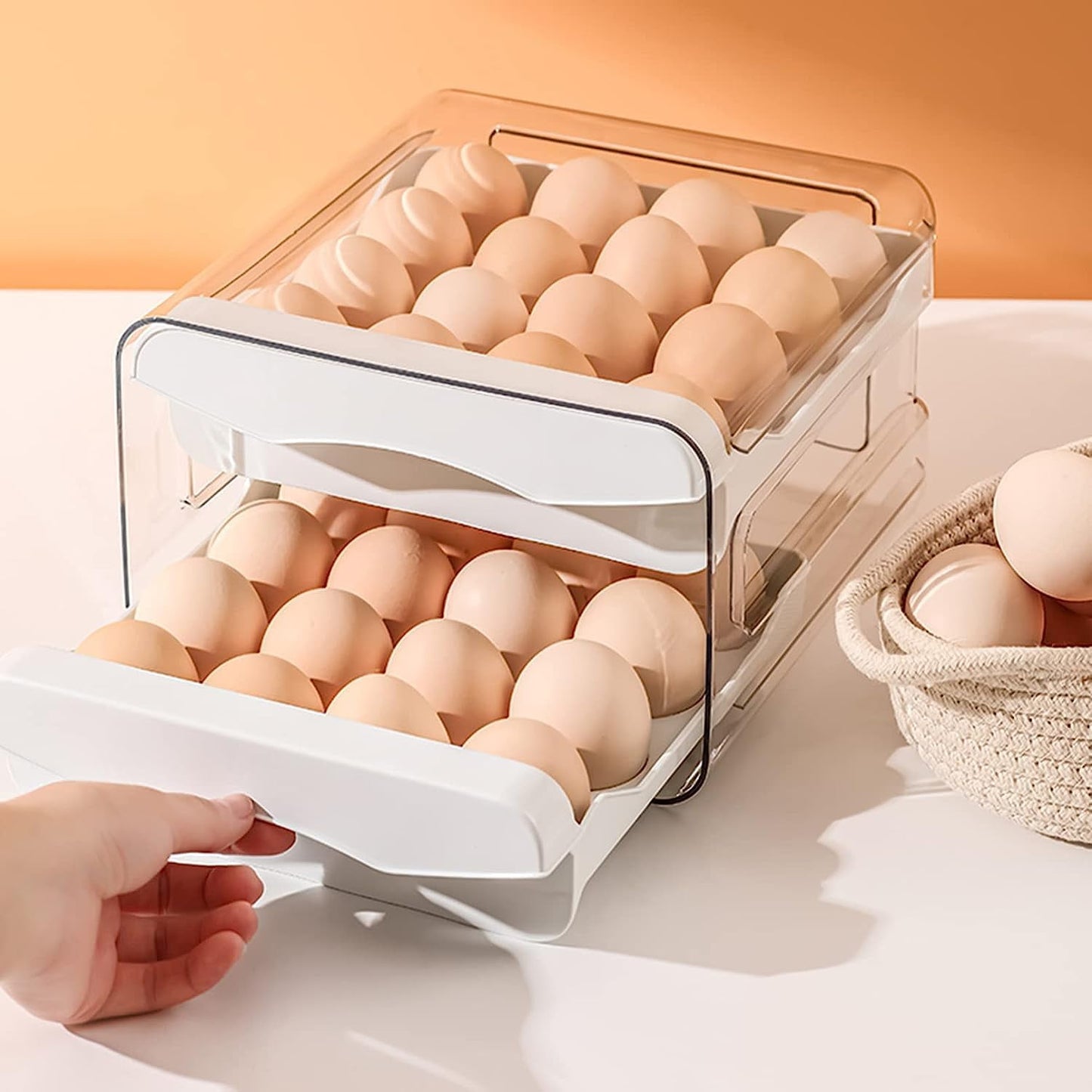 Two-tier refrigerator egg storage box with sliding drawers