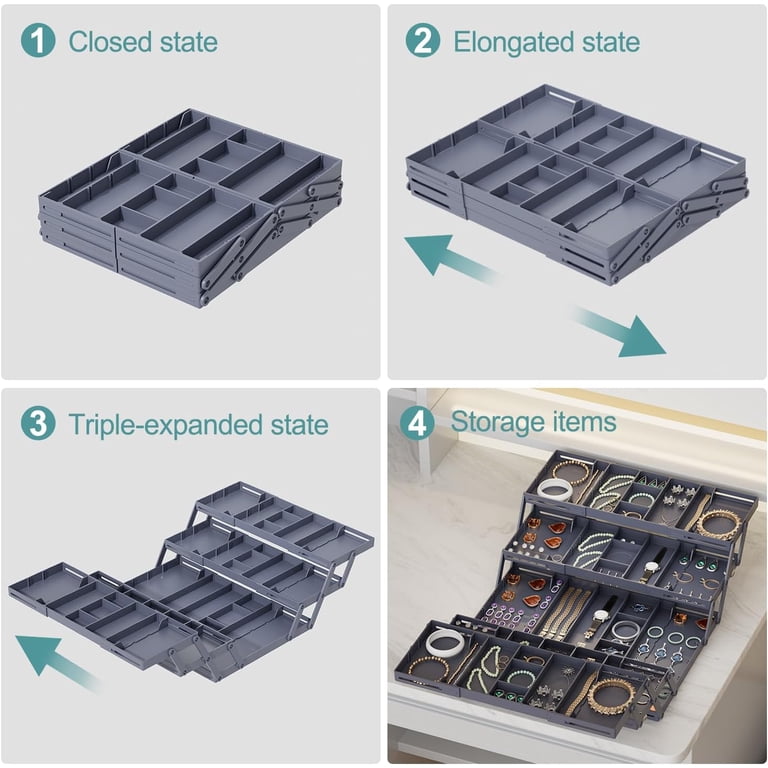 Gray 3-tier expandable drawer organizer with adjustable compartments