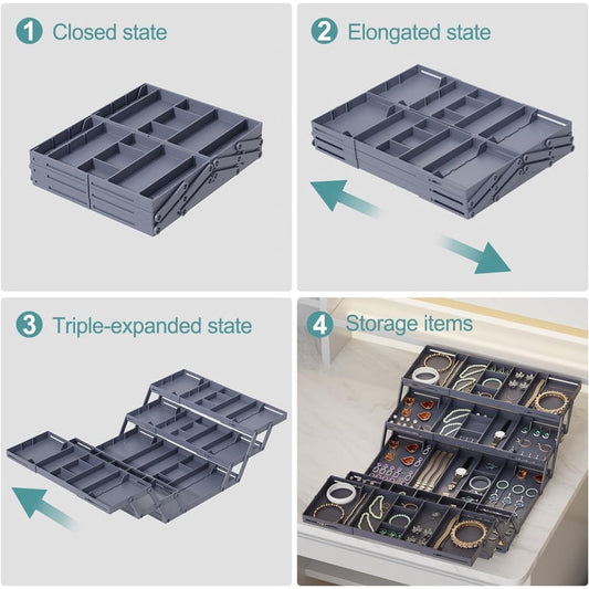 Gray 3-tier expandable drawer organizer with adjustable compartments