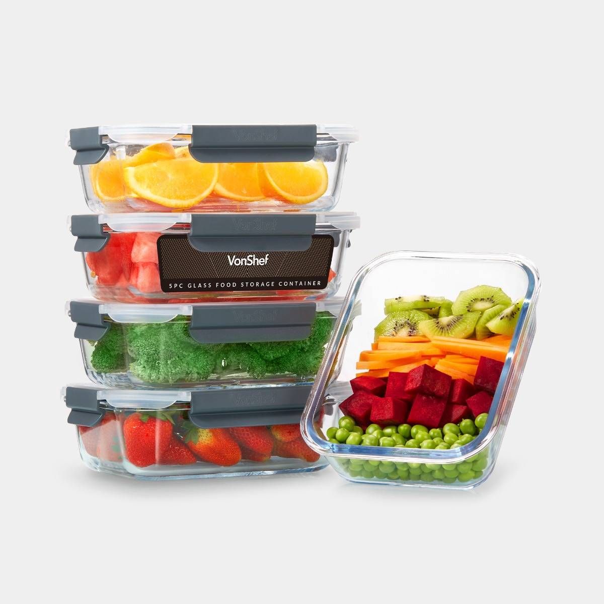 Five-piece glass food storage container set with locking lids