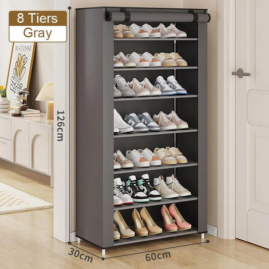 Gray multi-tier fabric shoe rack with steel frame