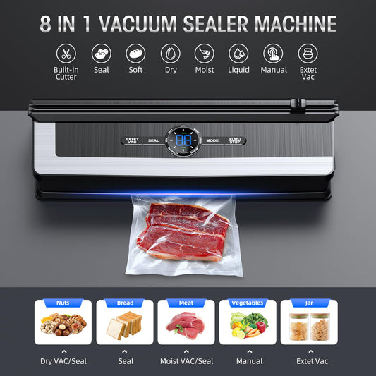 8-in-1 vacuum sealer with built-in cutter and LED controls