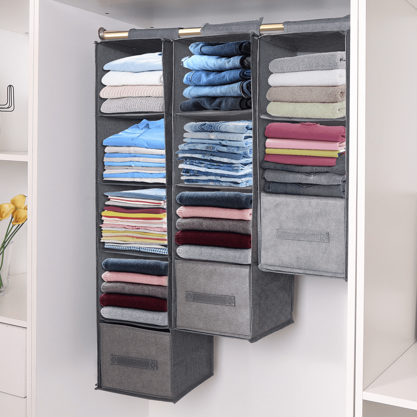 Hanging wardrobe organizer with fabric shelves and drawers