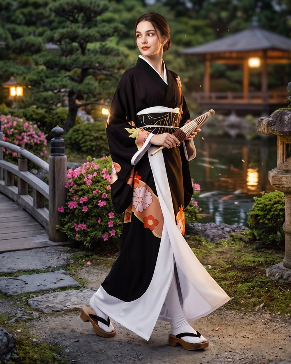 Women's Traditional Floral Black Kimono Costume Set