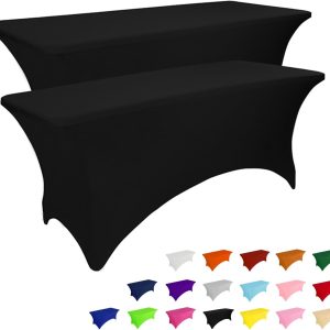 2 Pack 6FT Table Cloth for Rectangular Fitted Events Stretch Black Table Covers Washable Table Cover Spandex Tablecloth Table Protector for Party, Wedding, Cocktail, Banquet, Festival