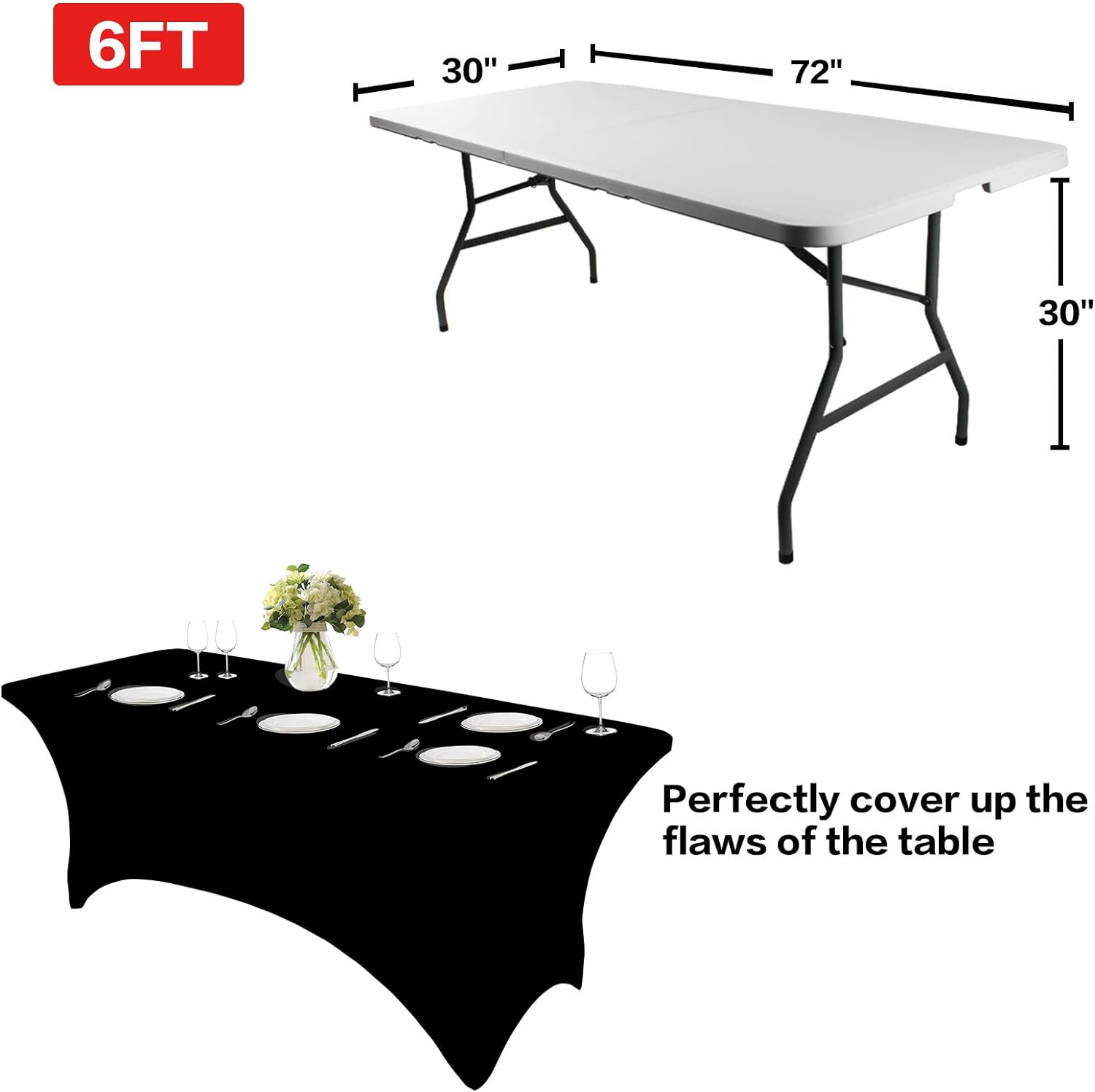 2 Pack 6FT Table Cloth for Rectangular Fitted Events Stretch Black Table Covers Washable Table Cover Spandex Tablecloth Table Protector for Party, Wedding, Cocktail, Banquet, Festival - Image 3