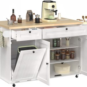 60" Kitchen Island with Power Outlet & Drop Leaf, Kitchen Rolling Island with Spice Rack & Towel Rack, Knife Holder, Kitchen Island Cart with Trash Storage Cabinet, Mobile Island Table for Kitchen