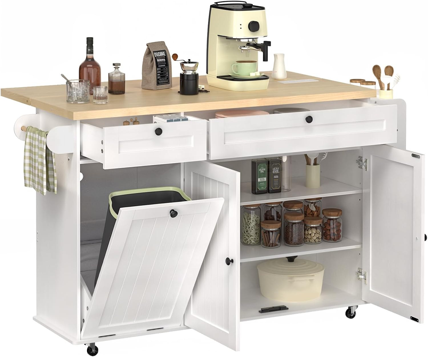 60" Kitchen Island with Power Outlet & Drop Leaf, Kitchen Rolling Island with Spice Rack & Towel Rack, Knife Holder, Kitchen Island Cart with Trash Storage Cabinet, Mobile Island Table for Kitchen