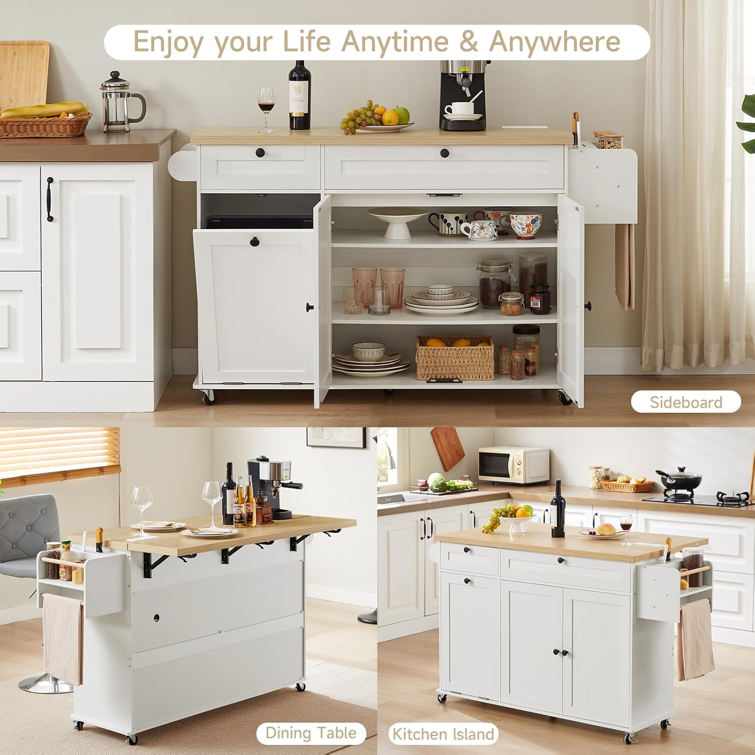 60" Kitchen Island with Power Outlet & Drop Leaf, Kitchen Rolling Island with Spice Rack & Towel Rack, Knife Holder, Kitchen Island Cart with Trash Storage Cabinet, Mobile Island Table for Kitchen - Image 3