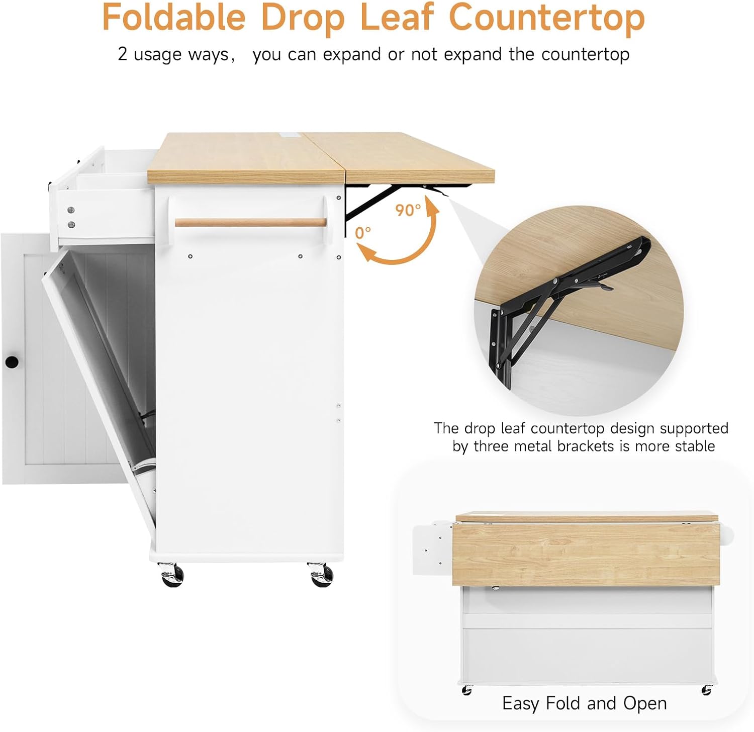 60" Kitchen Island with Power Outlet & Drop Leaf, Kitchen Rolling Island with Spice Rack & Towel Rack, Knife Holder, Kitchen Island Cart with Trash Storage Cabinet, Mobile Island Table for Kitchen - Image 4