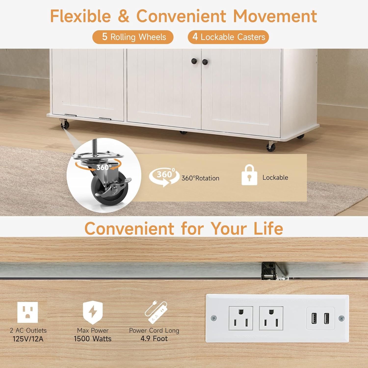 60" Kitchen Island with Power Outlet & Drop Leaf, Kitchen Rolling Island with Spice Rack & Towel Rack, Knife Holder, Kitchen Island Cart with Trash Storage Cabinet, Mobile Island Table for Kitchen - Image 5