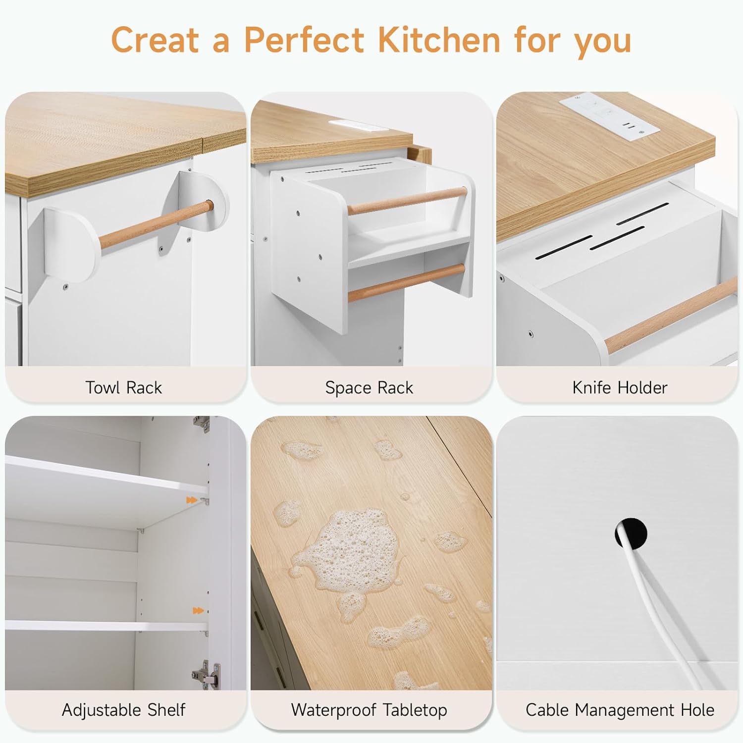 60" Kitchen Island with Power Outlet & Drop Leaf, Kitchen Rolling Island with Spice Rack & Towel Rack, Knife Holder, Kitchen Island Cart with Trash Storage Cabinet, Mobile Island Table for Kitchen - Image 6