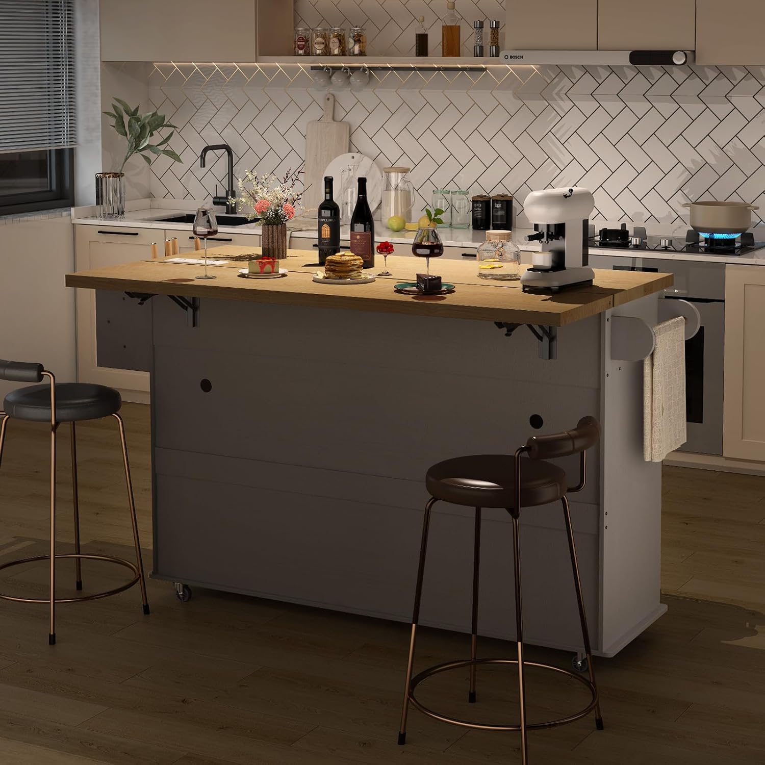 60" Kitchen Island with Power Outlet & Drop Leaf, Kitchen Rolling Island with Spice Rack & Towel Rack, Knife Holder, Kitchen Island Cart with Trash Storage Cabinet, Mobile Island Table for Kitchen - Image 7