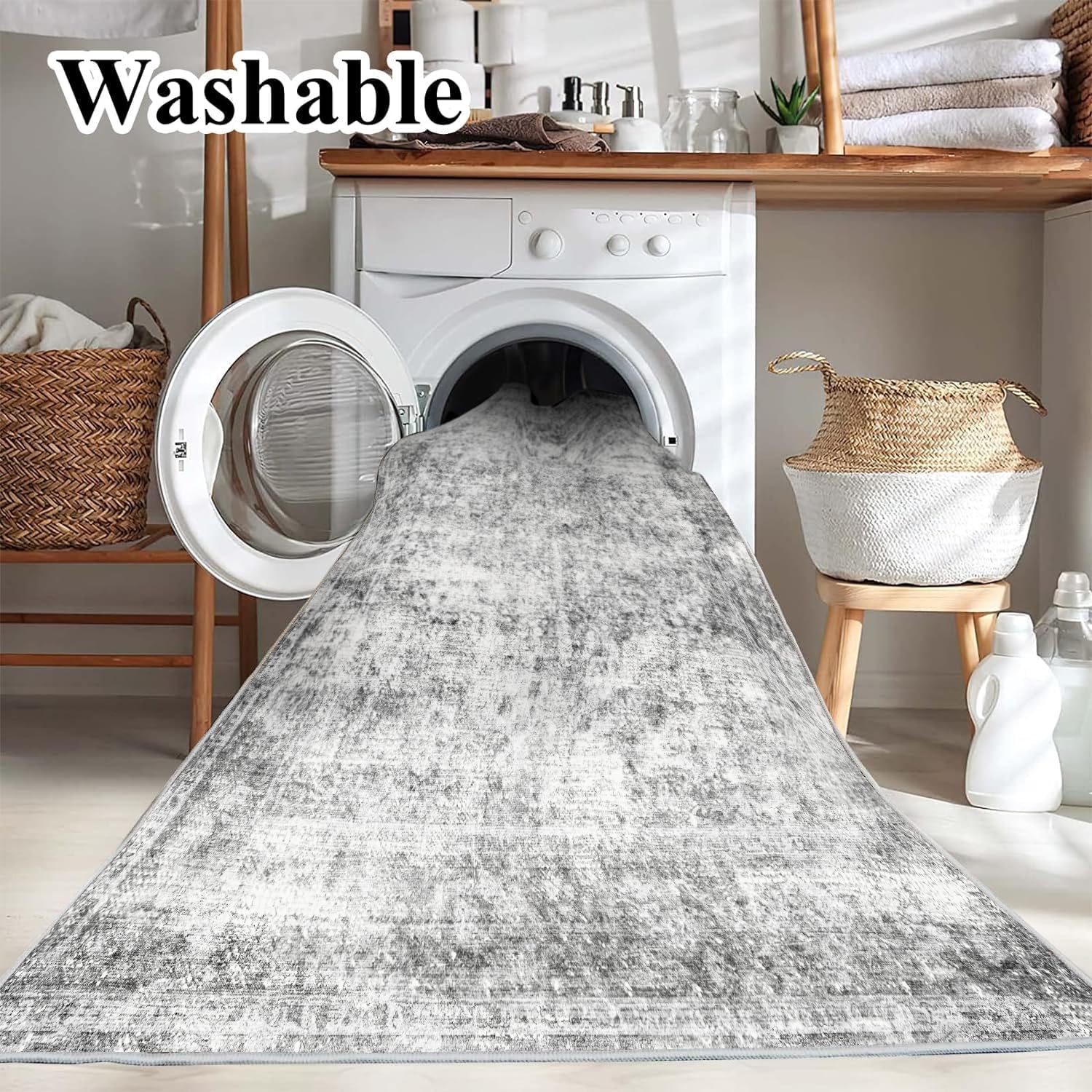Area Rug 6x9 Washable Rug Gray Vintage Rug Traditional Floor Cover Thin Rug Retro Kitchen Indoor Distressed Non Slip Carpet Floral Print Mat Living Room Bedroom Dining Room - Image 3