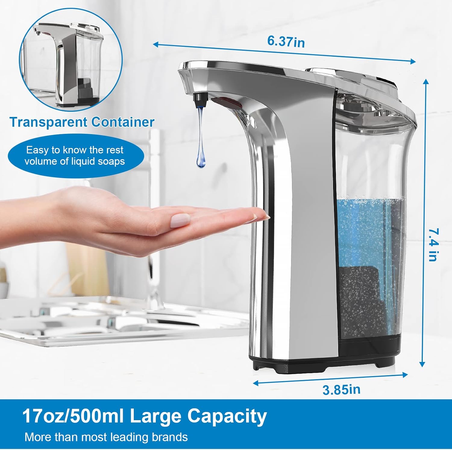 Automatic Soap Dispenser, Touchless Dish Soap Dispenser 17oz/500ml with Infrared Sensor, 5 Adjustable Soap Levels, Liquid Hand Soap Dispenser for Bathroom Kitchen (Silver) - Image 3