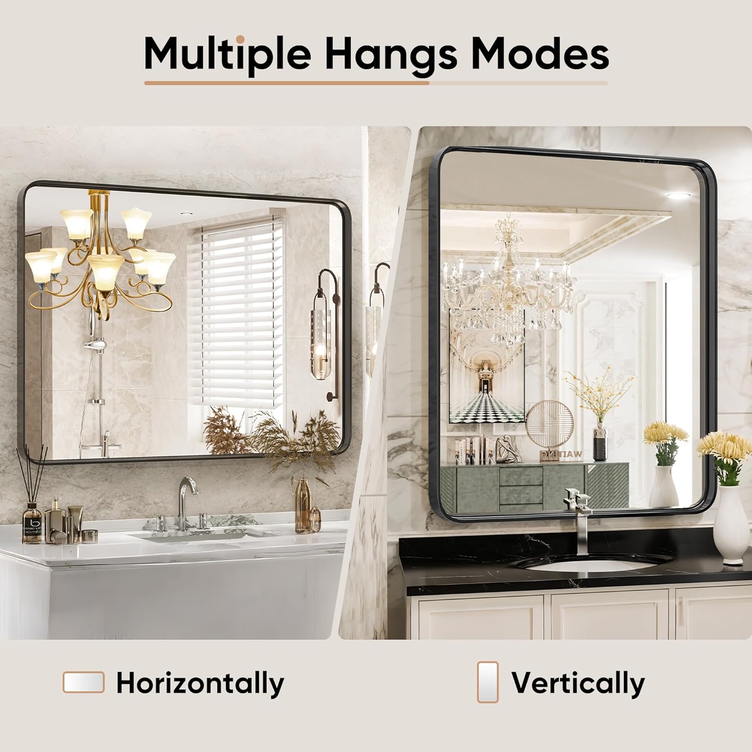 DUMOS Black Metal Framed Vanity Rounded Rectangle Bathroom Mirrors for Over Sink Wall, 36x24 Inch Large Matte Mirror, Modern Decorative for Restroom, Farmhouse, Horizontally or Vertically Hanging - Image 4