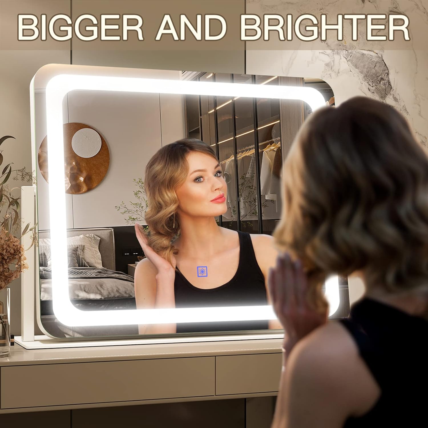 FENNIO Vanity Mirror with Lights 22''x19'' Makeup Mirror with Lights,Vanity Mirror Touch Screen with 3-Color Lighting,Dimmable,for Vanity Desk Tabletop - Image 2