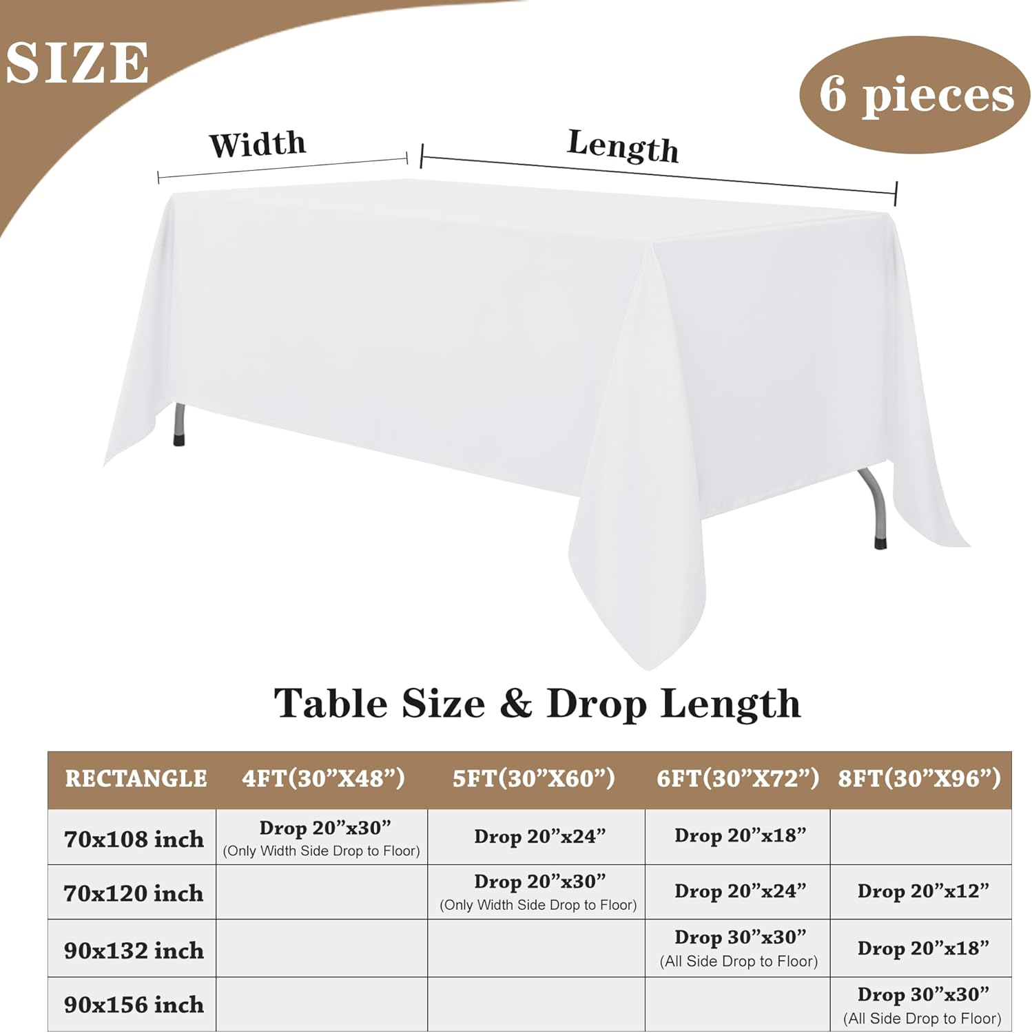 Fitable White Tablecloths for Rectangle Tables, 6 Pack - 70 x 120 Inches - Reusable and Washable Table Clothes for 6-8 Ft Tables, Polyester Fabric Table Covers for Wedding, Party, Banquet - Image 5