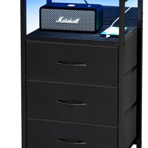 Fixwal Night Stand with Charging Station, LED Nightstand with U-S-B Ports and Outlets, 3 Fabric Storage Drawers with PU Finish, Bedside Table, Black