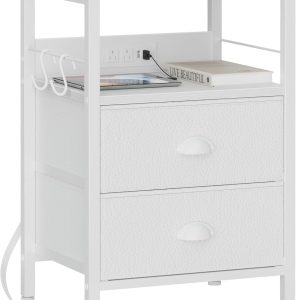 Furologee End Table with Charging Station, Nightstand with Fabric Drawers, Side Tables with USB Ports & Outlets, Night Stand with Storage Shelf & Hooks, for Living Room/Bedroom, White
