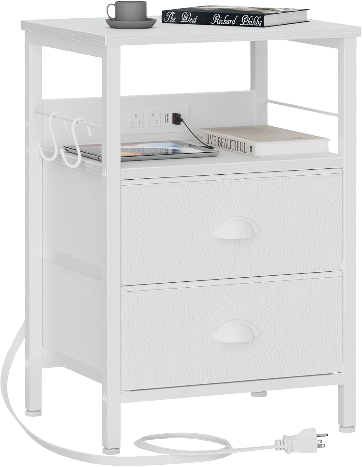 Furologee End Table with Charging Station, Nightstand with Fabric Drawers, Side Tables with USB Ports & Outlets, Night Stand with Storage Shelf & Hooks, for Living Room/Bedroom, White