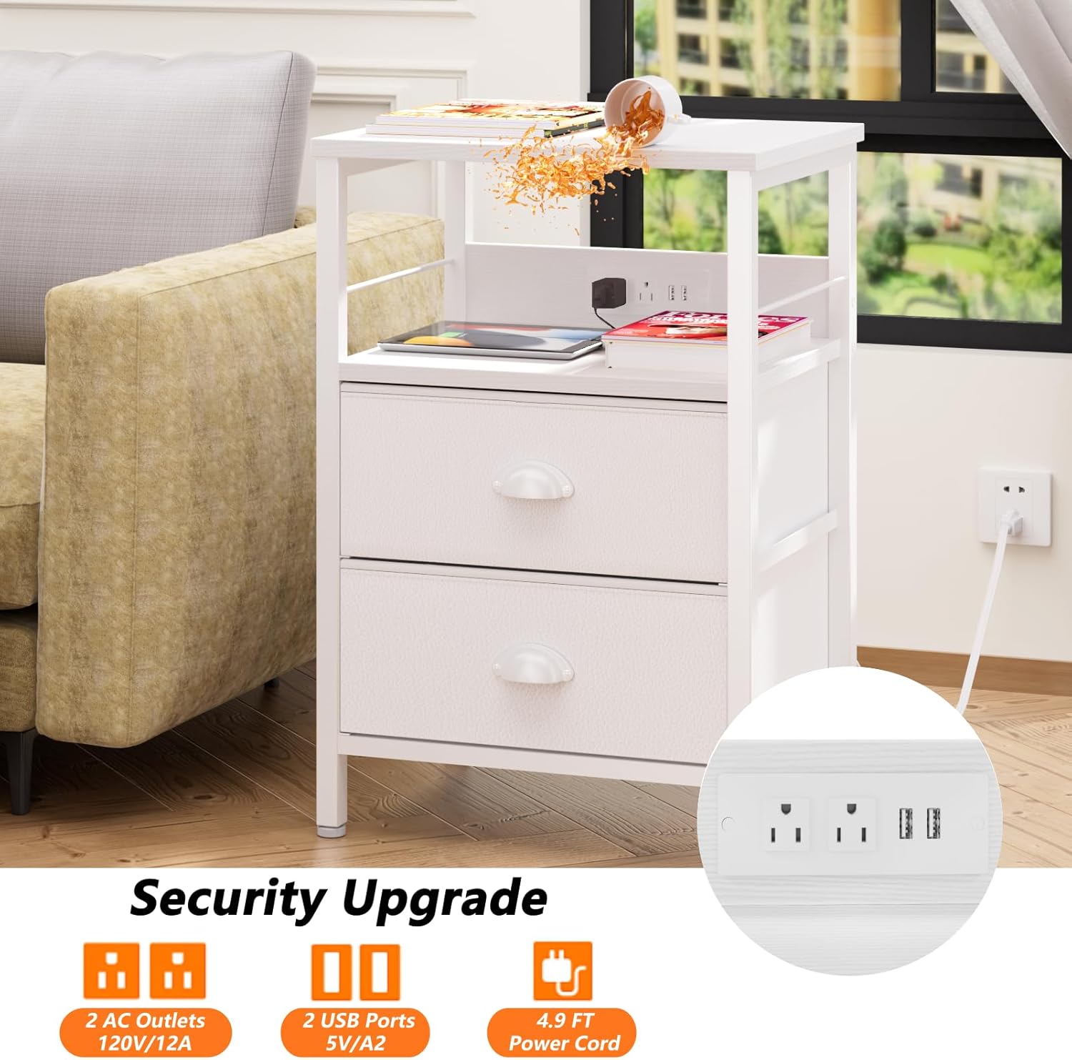 Furologee End Table with Charging Station, Nightstand with Fabric Drawers, Side Tables with USB Ports & Outlets, Night Stand with Storage Shelf & Hooks, for Living Room/Bedroom, White - Image 4
