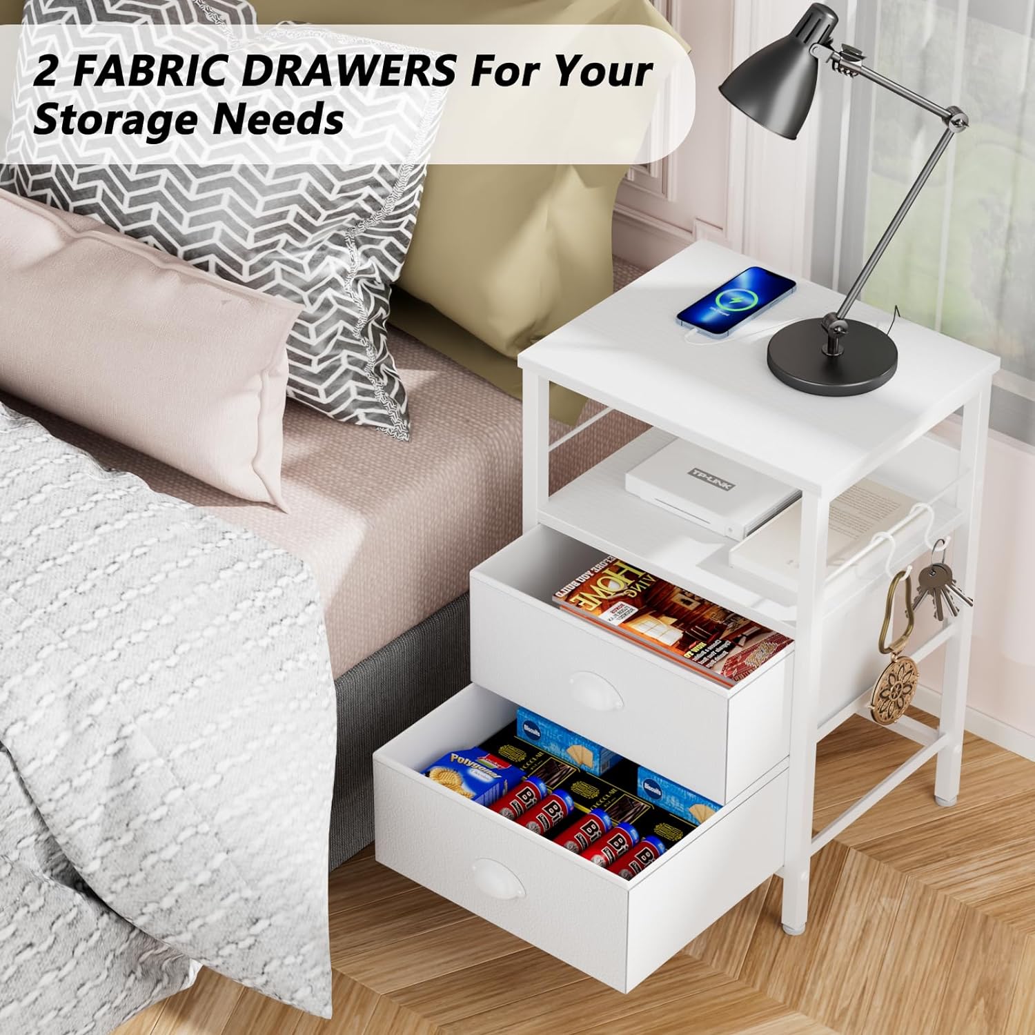 Furologee End Table with Charging Station, Nightstand with Fabric Drawers, Side Tables with USB Ports & Outlets, Night Stand with Storage Shelf & Hooks, for Living Room/Bedroom, White - Image 5