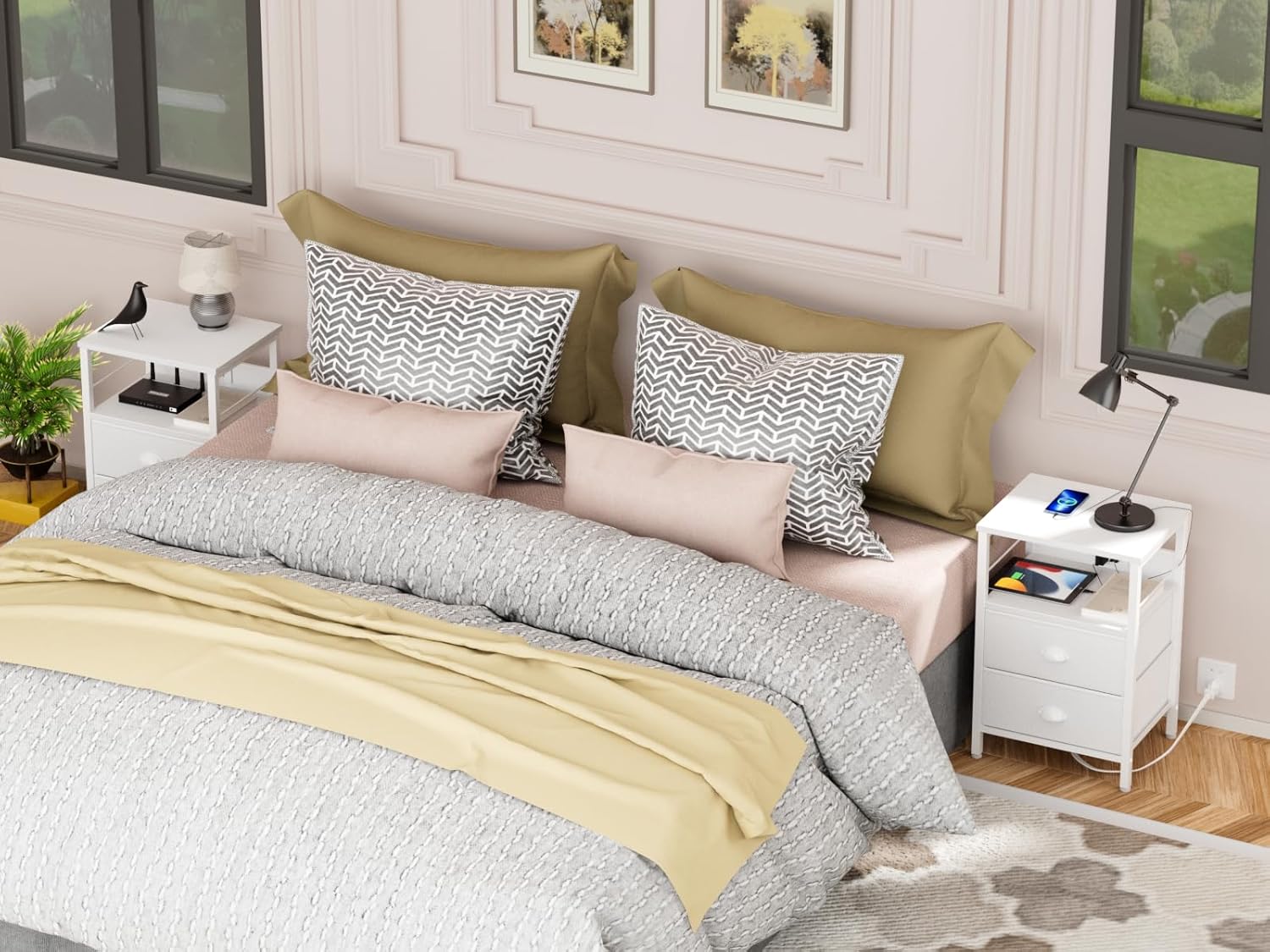 Furologee End Table with Charging Station, Nightstand with Fabric Drawers, Side Tables with USB Ports & Outlets, Night Stand with Storage Shelf & Hooks, for Living Room/Bedroom, White - Image 6