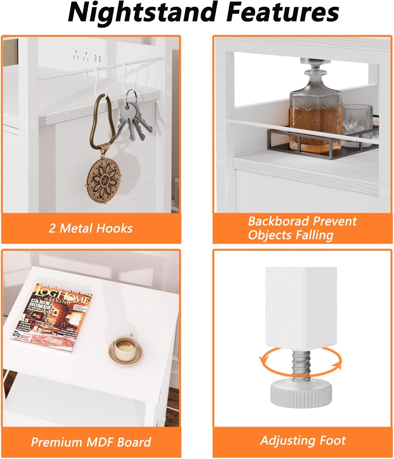 Furologee End Table with Charging Station, Nightstand with Fabric Drawers, Side Tables with USB Ports & Outlets, Night Stand with Storage Shelf & Hooks, for Living Room/Bedroom, White - Image 7