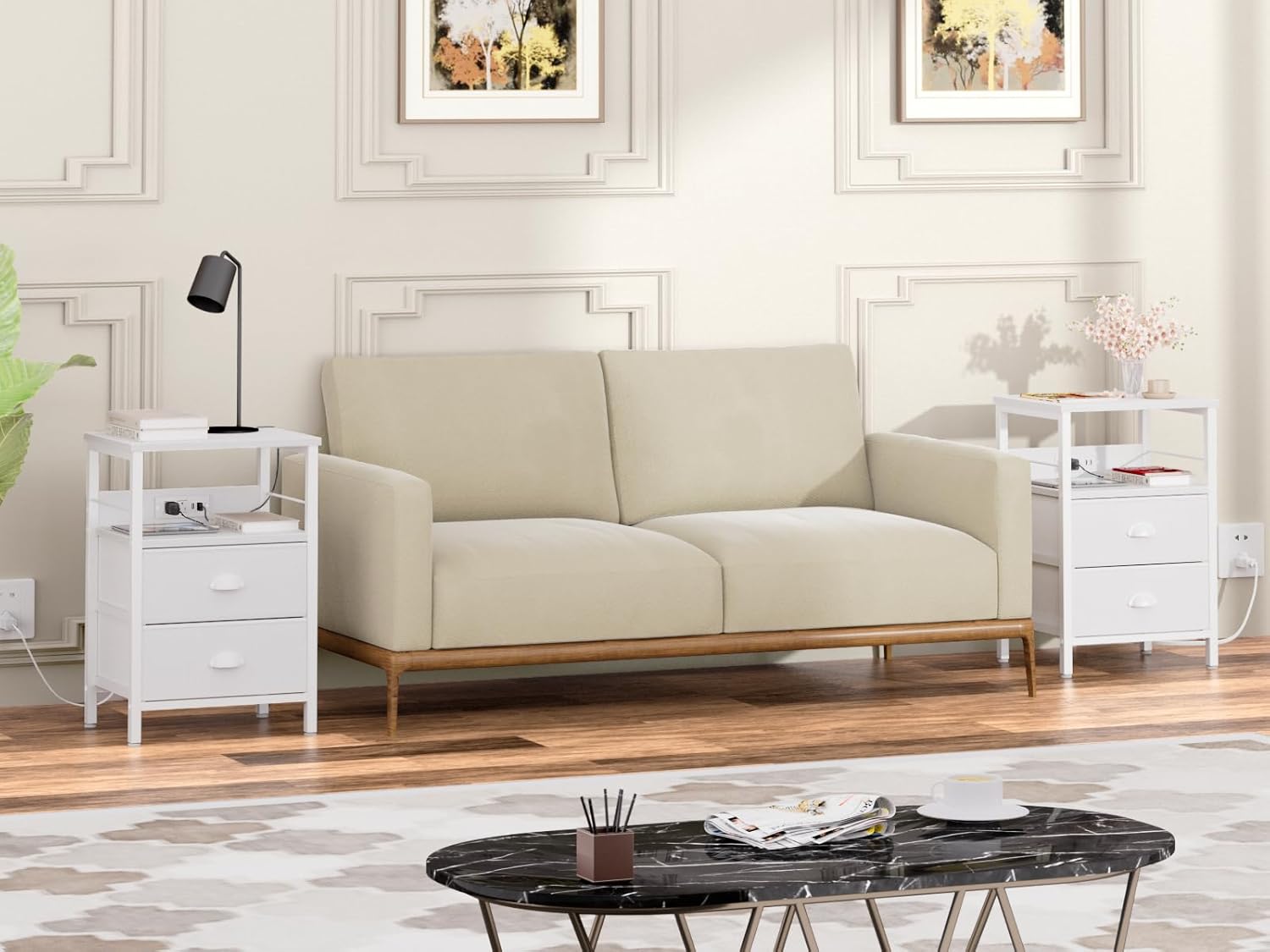 Furologee End Table with Charging Station, Nightstand with Fabric Drawers, Side Tables with USB Ports & Outlets, Night Stand with Storage Shelf & Hooks, for Living Room/Bedroom, White - Image 9