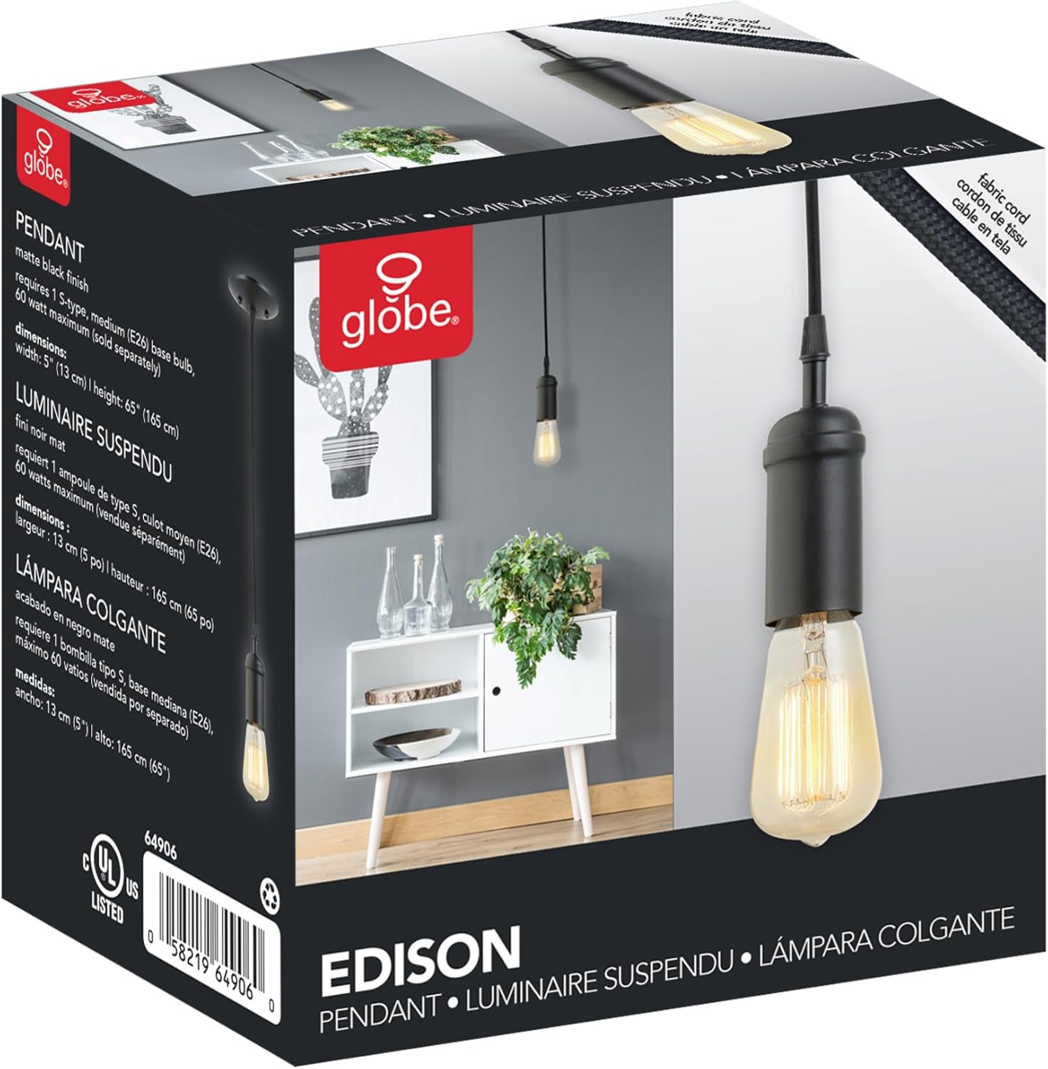 Globe Electric 64906 1-Light Pendant, Matte Black, Black Woven Fabric Cord, E26 Base Socket, Kitchen Island, Café, Decorative, Ceiling Hanging Light Fixture, Modern, Vintage, Bulb Not Included - Image 10