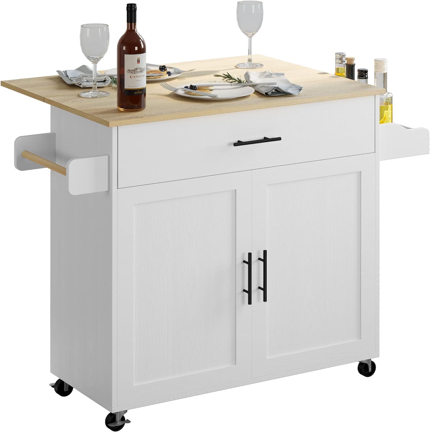 IRONCK Rolling Kitchen Island Table on Wheels with Drop Leaf, Storage Cabinet, Drawer, Spice Rack, Towel Rack, Kitchen Cart, White