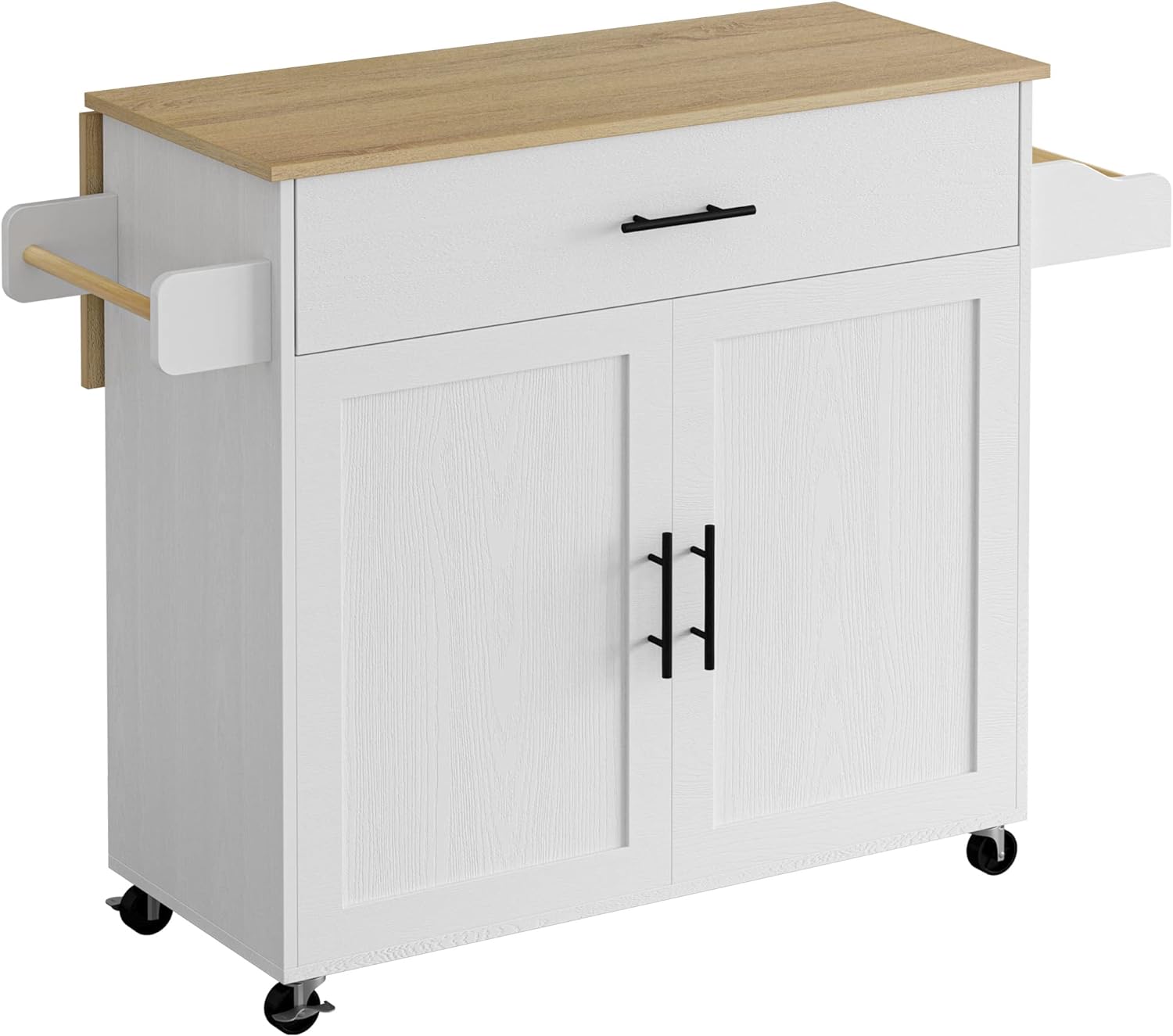 IRONCK Rolling Kitchen Island Table on Wheels with Drop Leaf, Storage Cabinet, Drawer, Spice Rack, Towel Rack, Kitchen Cart, White - Image 9