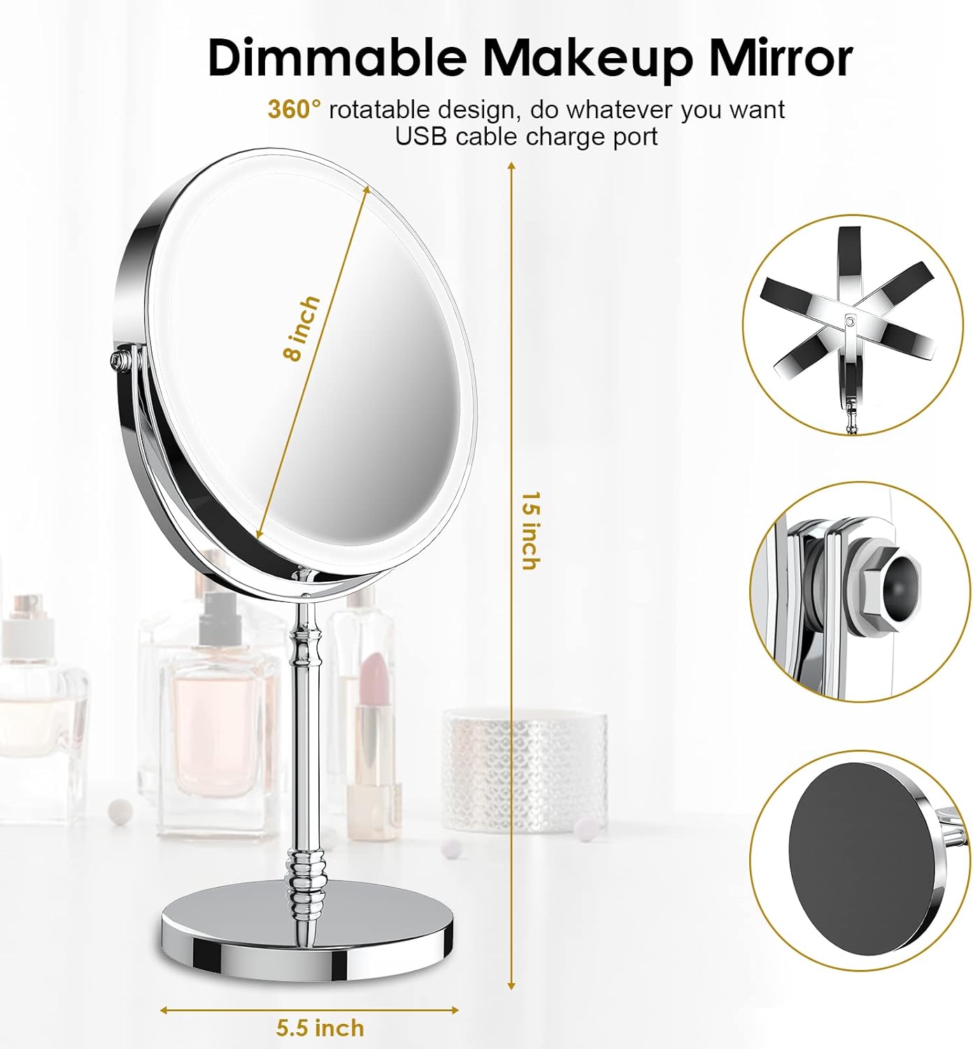 Lighted Makeup Mirror, 8" Rechargeable Double Sided Magnifying Mirror with 3 Colors, 1x/10x 360° Rotation Touch Screen Vanity Mirror, Brightness Adjustable Magnification Cosmetic Light up Mirror - Image 5