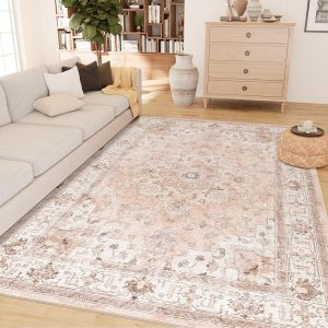 Machine Washable 5x7 Area Rugs for Living Room Vintage Rugs Carpet Rugs Non Slip Low Pile Water Repellent Soft Distressed for Bedroom Indoor Decor Polyester Rug Pink
