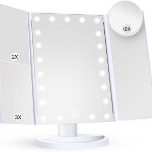 Makeup Mirror Vanity Mirror with Lights, 2X 3X 10X Magnification, Lighted Makeup Mirror, Touch Control, Trifold Makeup Mirror, Dual Power Supply, Portable LED Makeup Mirror, Women Gift (White)