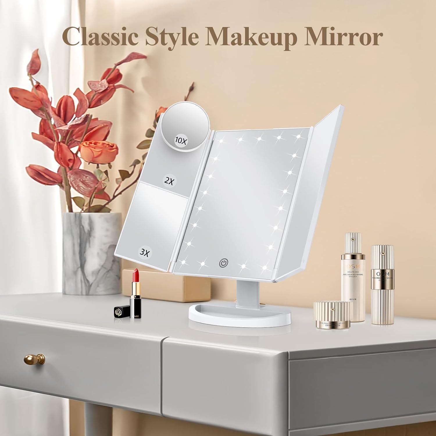 Makeup Mirror Vanity Mirror with Lights, 2X 3X 10X Magnification, Lighted Makeup Mirror, Touch Control, Trifold Makeup Mirror, Dual Power Supply, Portable LED Makeup Mirror, Women Gift (White) - Image 2