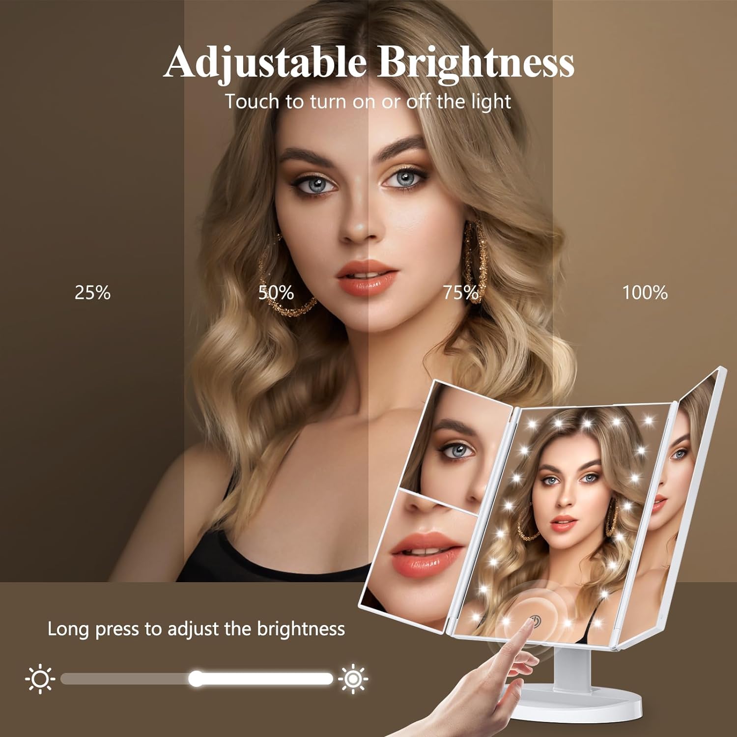 Makeup Mirror Vanity Mirror with Lights, 2X 3X 10X Magnification, Lighted Makeup Mirror, Touch Control, Trifold Makeup Mirror, Dual Power Supply, Portable LED Makeup Mirror, Women Gift (White) - Image 3