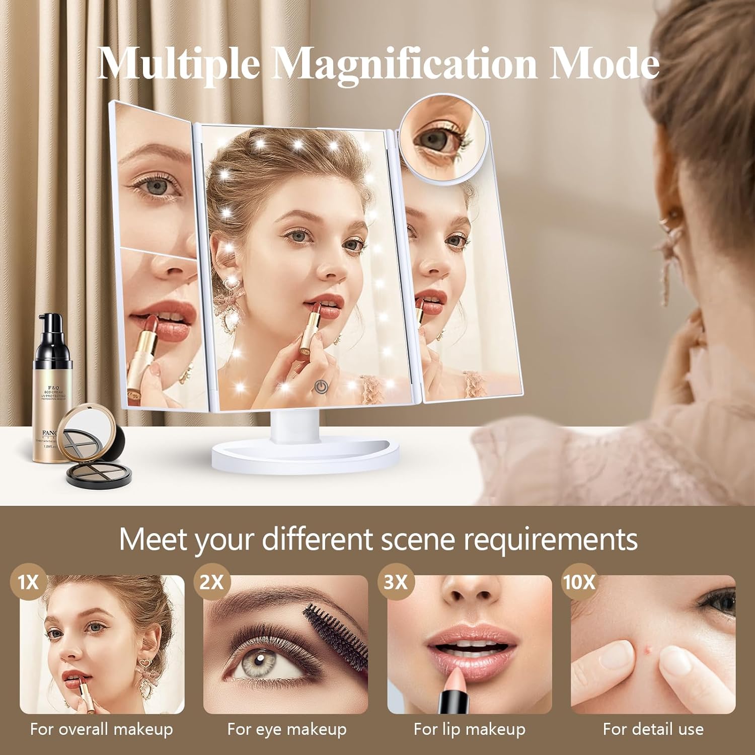 Makeup Mirror Vanity Mirror with Lights, 2X 3X 10X Magnification, Lighted Makeup Mirror, Touch Control, Trifold Makeup Mirror, Dual Power Supply, Portable LED Makeup Mirror, Women Gift (White) - Image 4