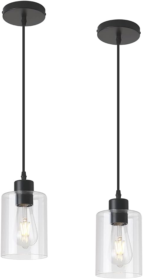 Modern Black Farmhouse Clear Glass Cylinder Pendant Light Fixture,Island Lights for Kitchen,Mini Pendant Lighting for Kitchen Island Decor - 4.75 Inch Shade, 2-58 Inch Cord (Black 2 Pack)