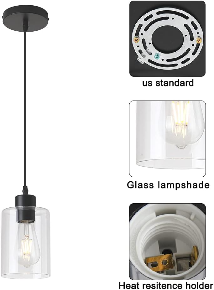Modern Black Farmhouse Clear Glass Cylinder Pendant Light Fixture,Island Lights for Kitchen,Mini Pendant Lighting for Kitchen Island Decor - 4.75 Inch Shade, 2-58 Inch Cord (Black 2 Pack) - Image 5