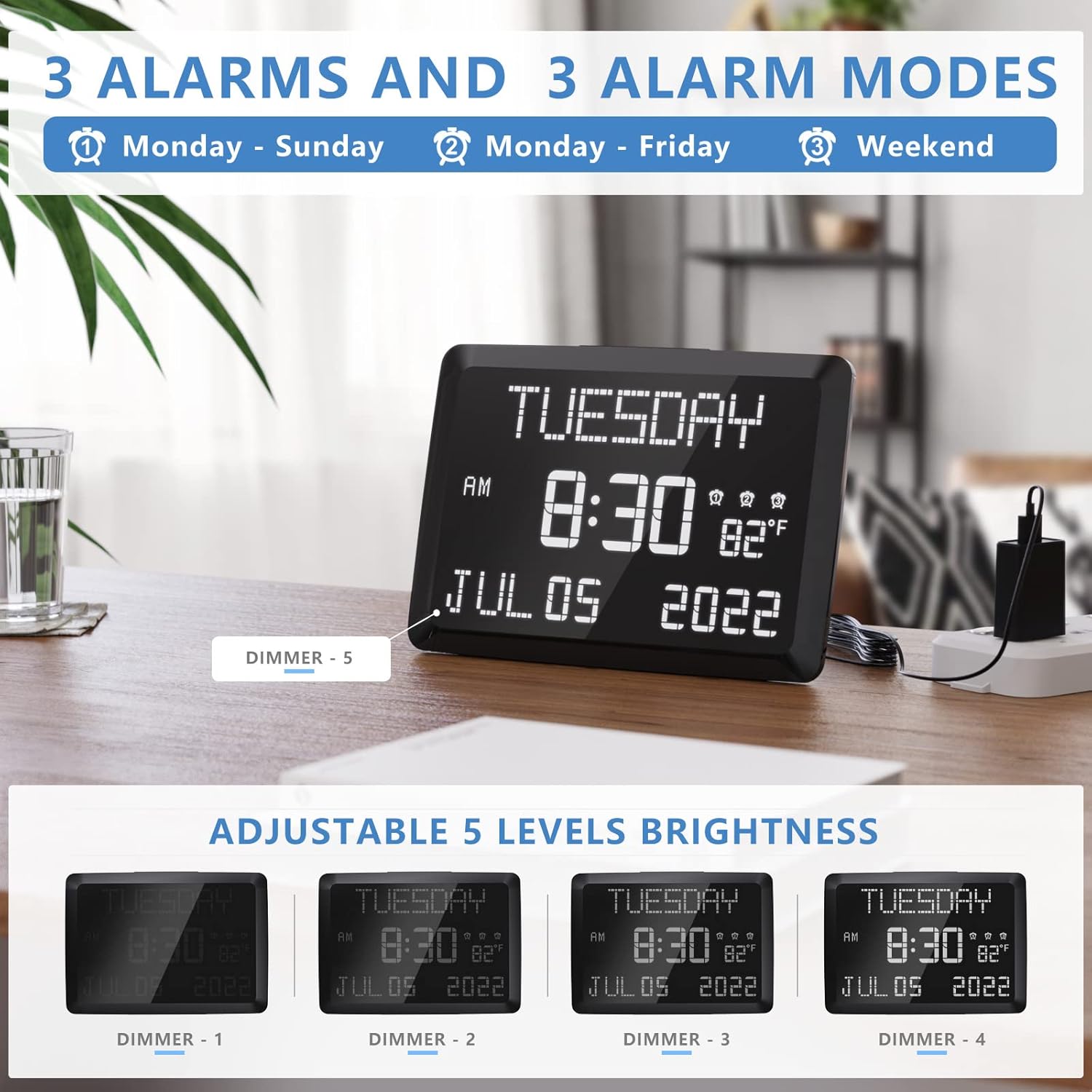 Raynic Digital Clock, 11.5" Large Display Digital Wall Clock,Adjustable Brightness Calendar Clock with Day and Date, Indoor Temperature, Snooze,12/24H, DST for Home, Office, Elderly - Image 4