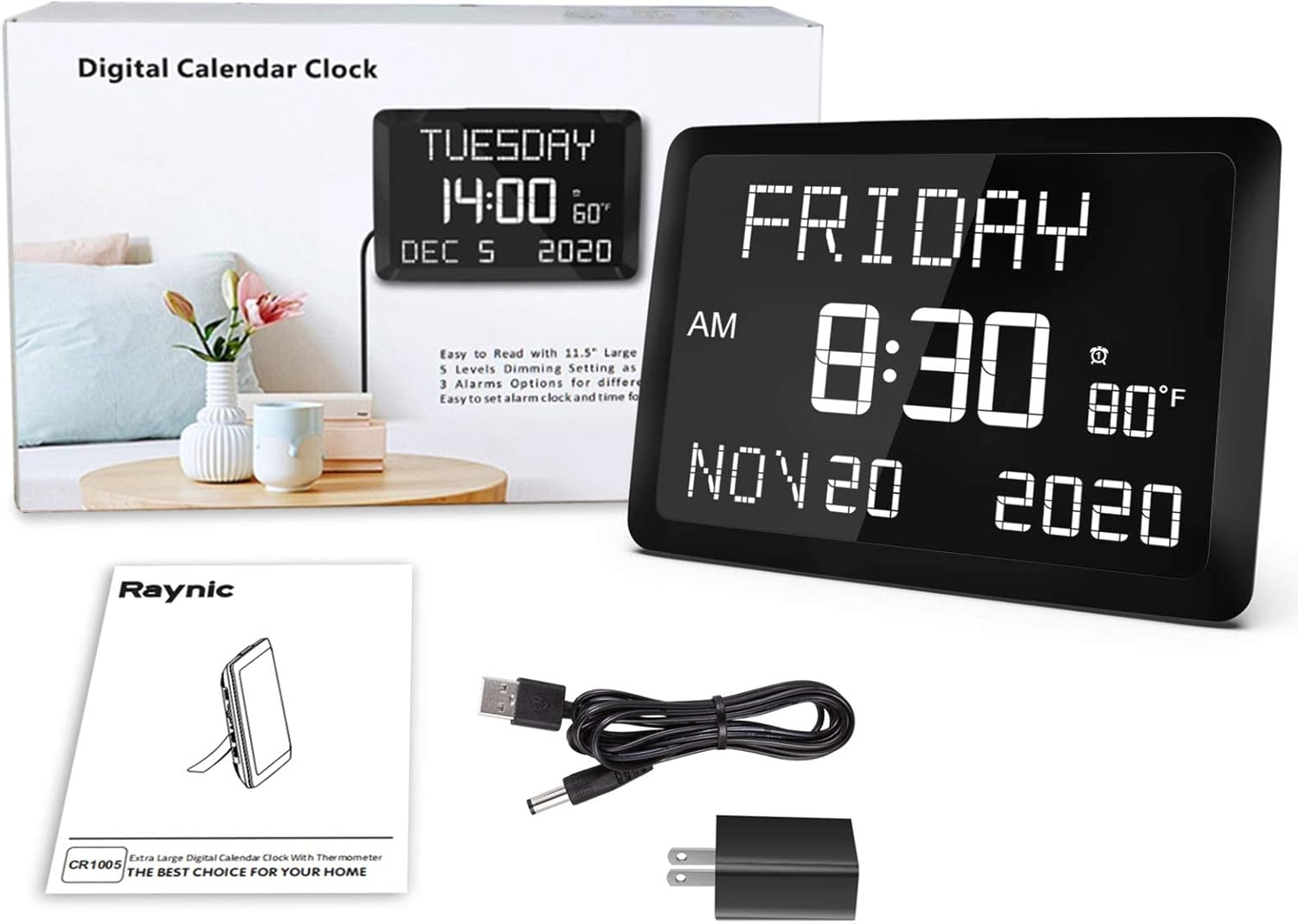 Raynic Digital Clock, 11.5" Large Display Digital Wall Clock,Adjustable Brightness Calendar Clock with Day and Date, Indoor Temperature, Snooze,12/24H, DST for Home, Office, Elderly - Image 7